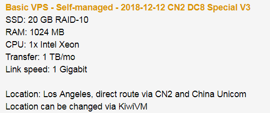 搬瓦工双十二促销来了：CN2线路DC8机房，1核1G 20G SSD硬盘，1TB月流量，36.5美元/年