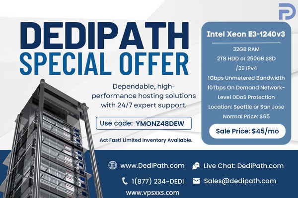 DediPath美国圣何塞/西雅图独立服务器：E3-1240v3/32G/2TB HDD/无限流量/1Gbps/5个IP/IPMI/45美元/月，支持支付宝/Paypal