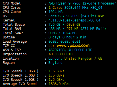 AllHost英国Ryzen VPS测评：英国原生IP看视频12万+，移动往返直连，Ryzen 9 7900处理器硬盘性能好