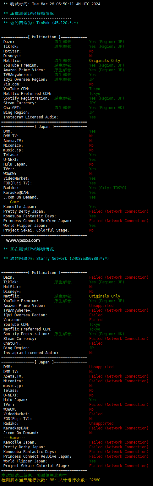 StarryDNS日本东京VPS日本流媒体解锁能力测试
