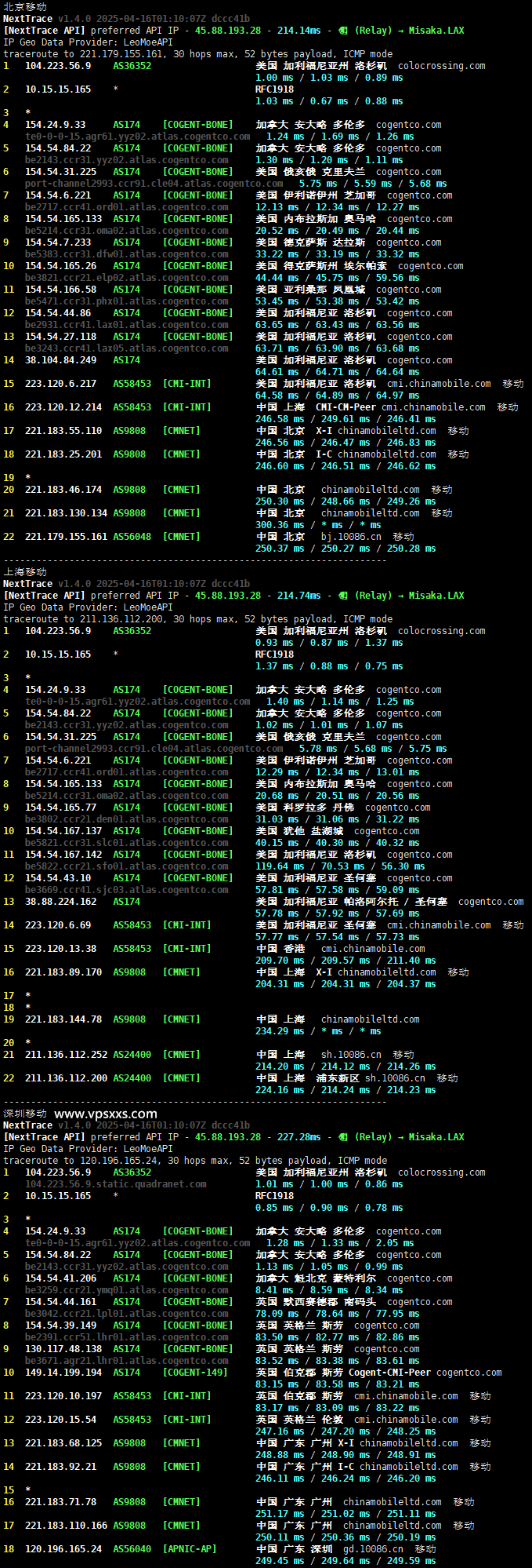 ColoCrossing加拿大多伦多VPS移动回程路由