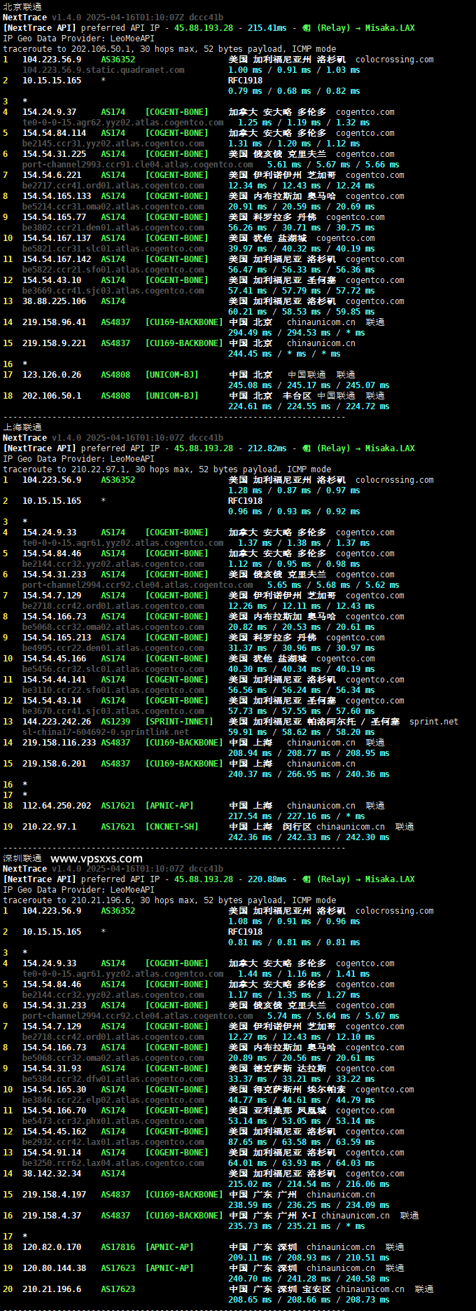 ColoCrossing加拿大多伦多VPS联通回程路由