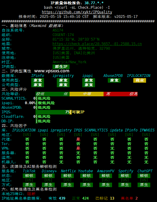 丽萨主机美国纽约家宽VPS IP质量体检报告
