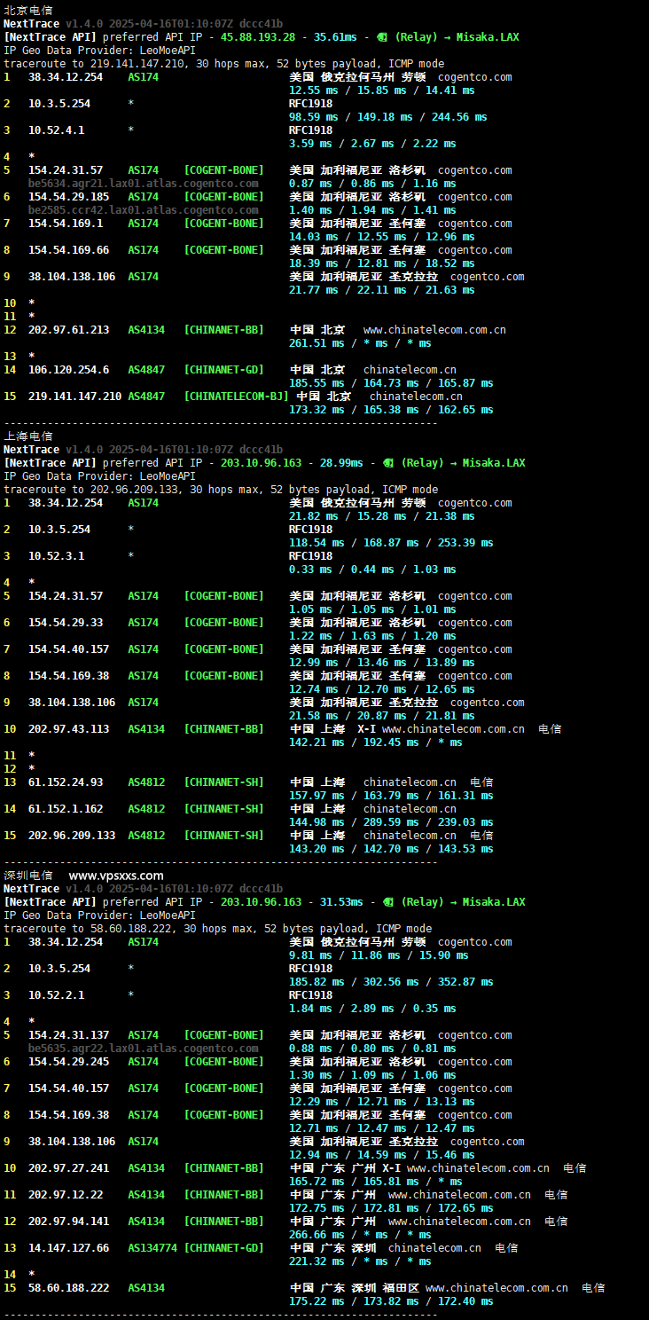 六六云美国双ISP VPS电信回程路由
