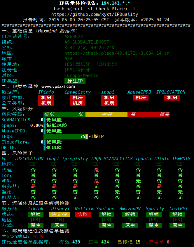 弘速云西班牙原生IP VPS IP质量体检报告