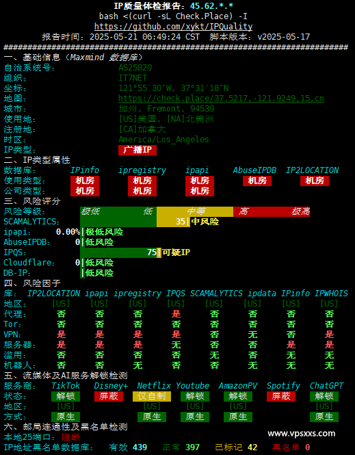 搬瓦工美国弗里蒙特MINICHICKEN VPS IP质量体检报告