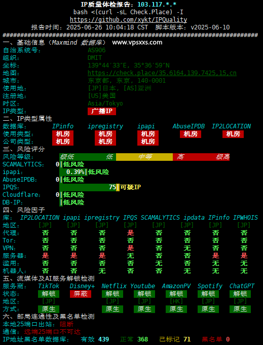 DMIT日本CN2 GIA VPS IP质量体检报告