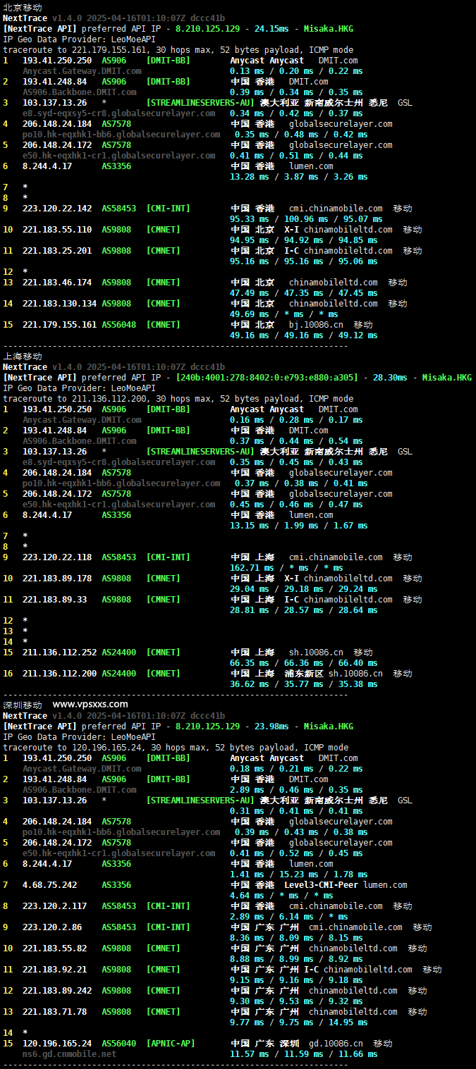 DMIT香港T1系列VPS移动回程路由