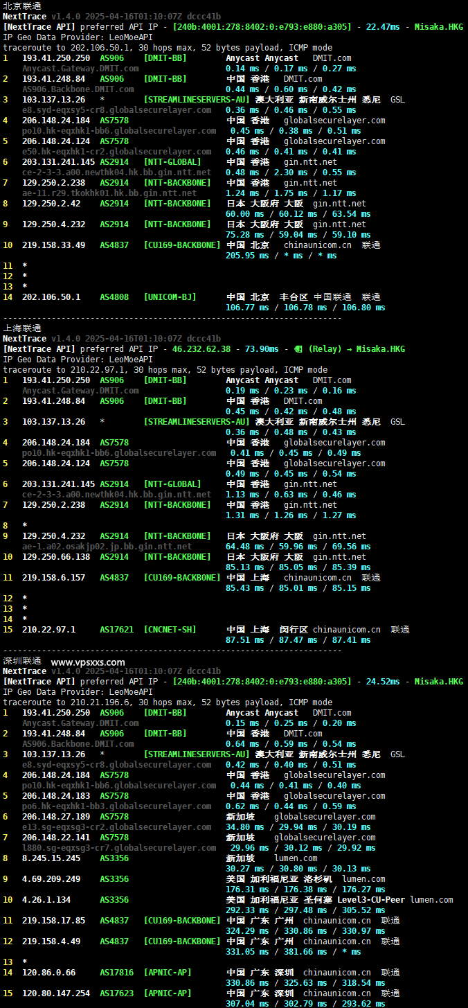 DMIT香港T1系列VPS联通回程路由