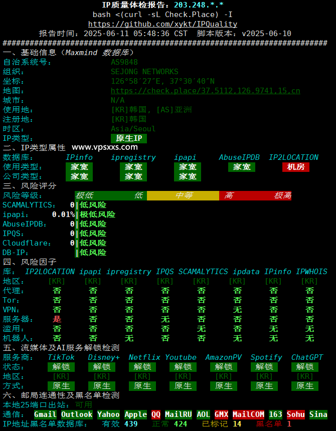 LOCVPS韩国双ISP原生IP VPS IP质量体检报告