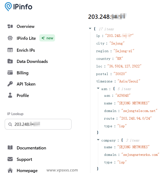 LOCVPS韩国双ISP原生IP VPS ipinfo.io是否住宅IP检测