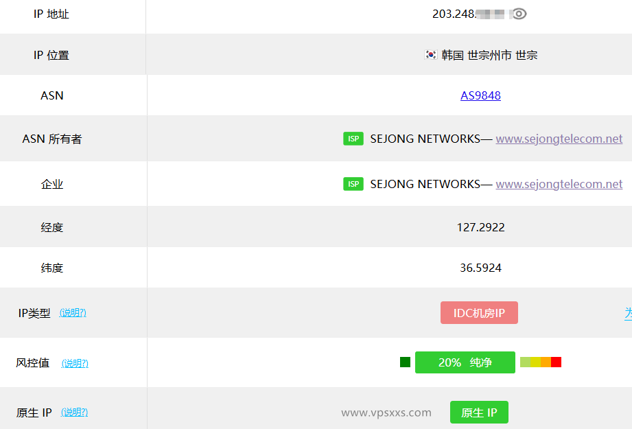 LOCVPS韩国双ISP原生IP VPS ping0.cc检测