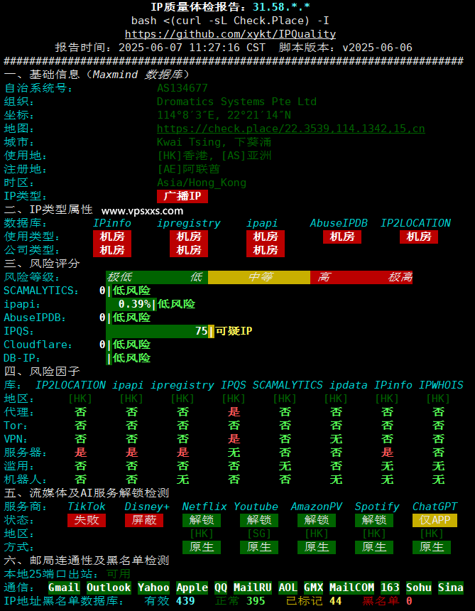 OrangeVPS香港HKBN VPS IP质量体检报告