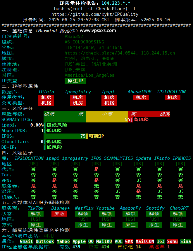 RackNerd美国洛杉矶DC03 VPS IP质量体检报告