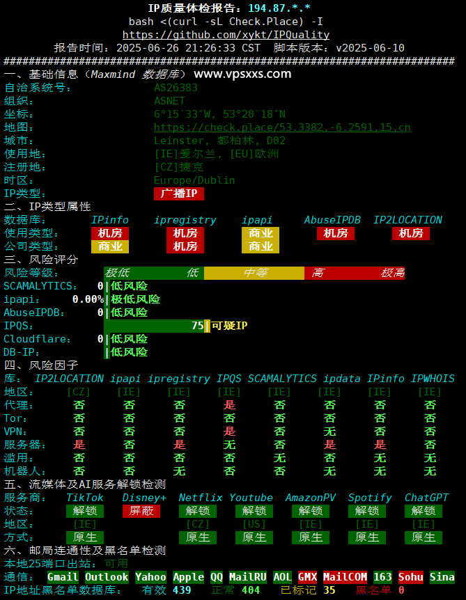 justhost爱尔兰VPS IP质量体检报告