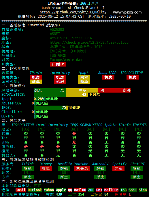 justhost荷兰VPS IP质量体检报告