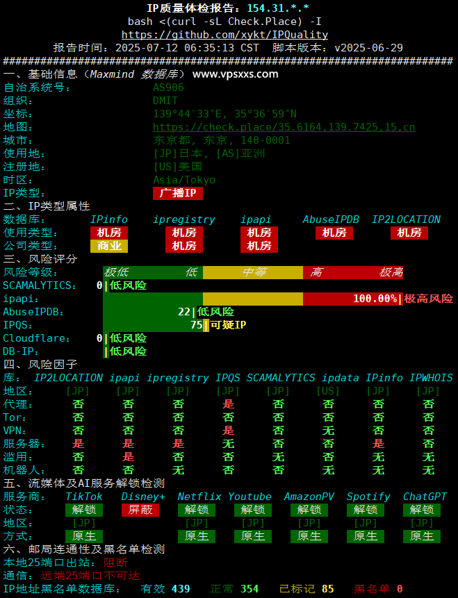 DMIT日本T1系列VPS IP质量体检报告