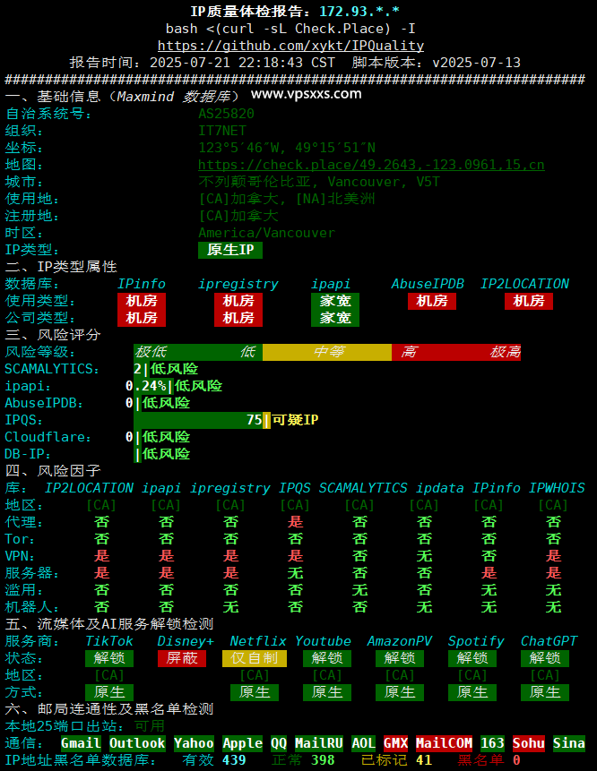 搬瓦工加拿大VPS IP质量体检报告