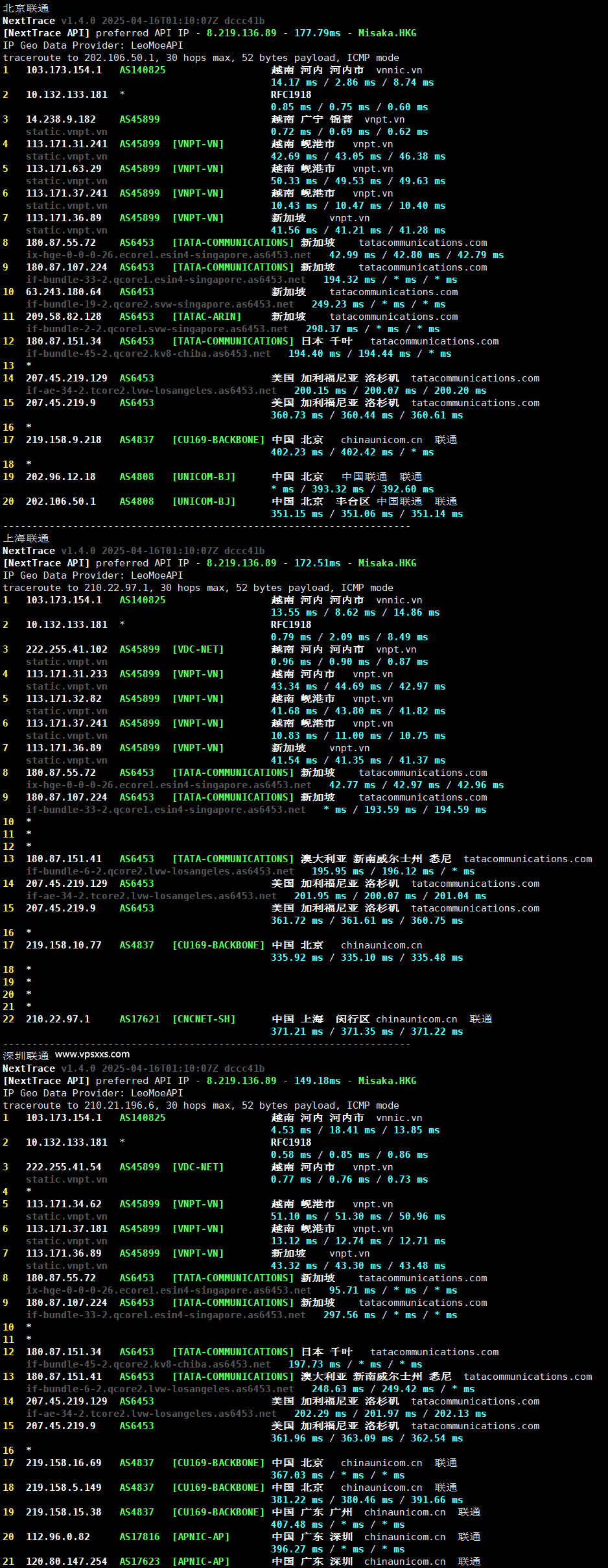 DataOnline越南VPS联通回程路由