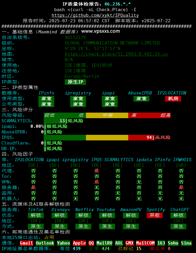 IPRaft德国双ISP VPS IP质量体检报告