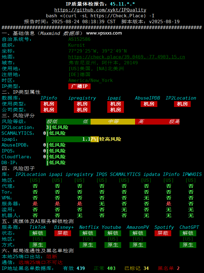 Kuroit美国斯波坎VPS IP质量体检报告