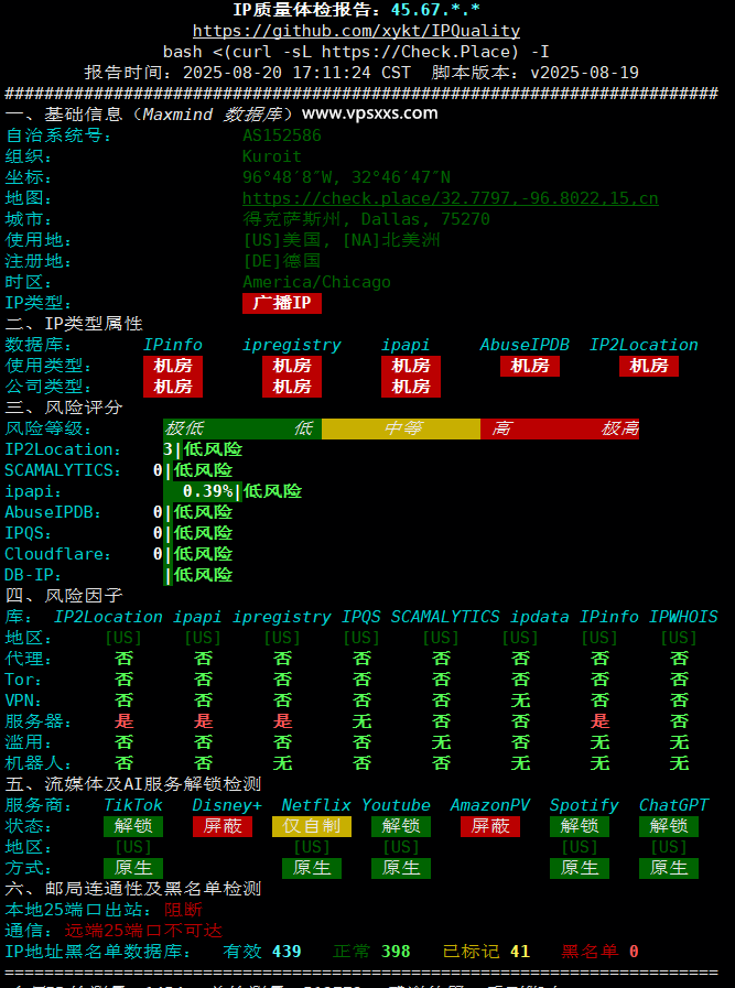 Kuroit美国达拉斯VPS IP质量体检报告