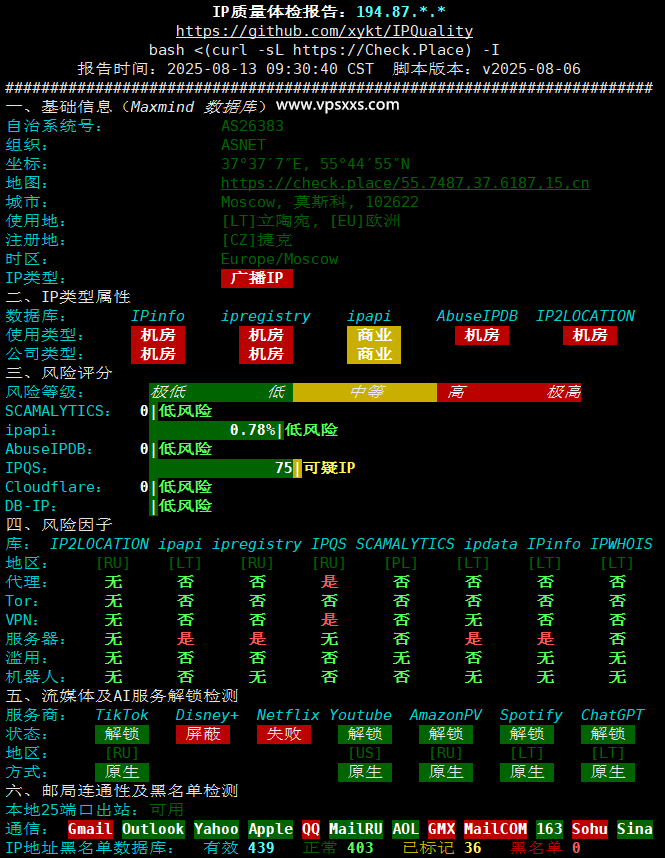 justhost立陶宛VPS IP质量体检报告