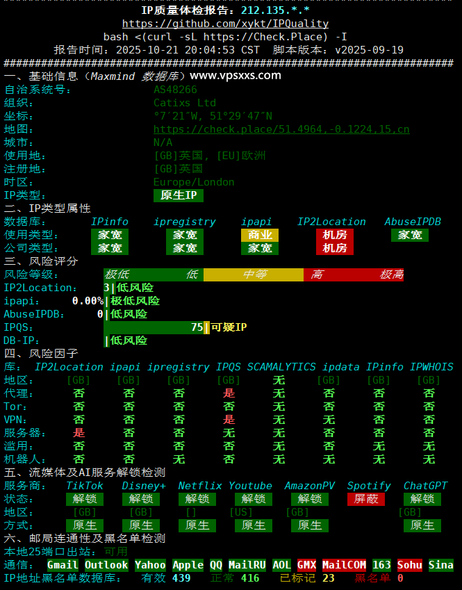 丽萨主机英国catixs VPS IP质量体检报告