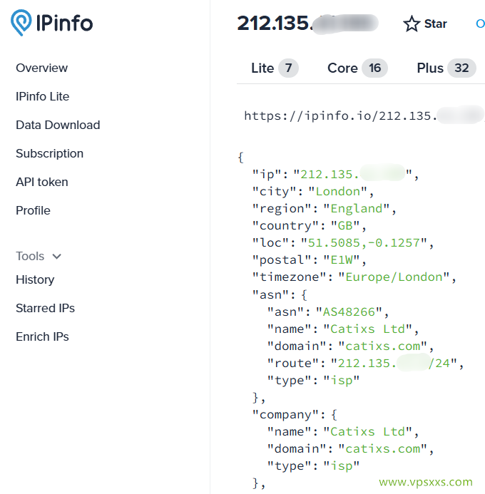 丽萨主机英国catixs VPS ipinfo.io是否住宅IP检测
