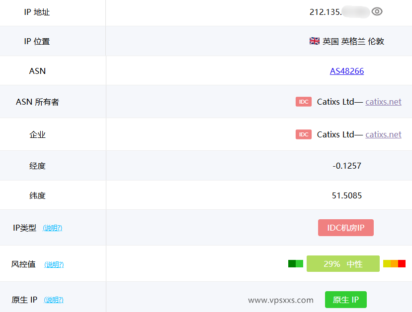 丽萨主机英国catixs VPS ping0.cc是否家庭IP检测