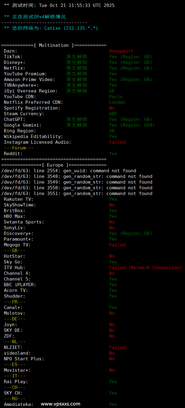 丽萨主机英国catixs VPS流媒体解锁能力测试