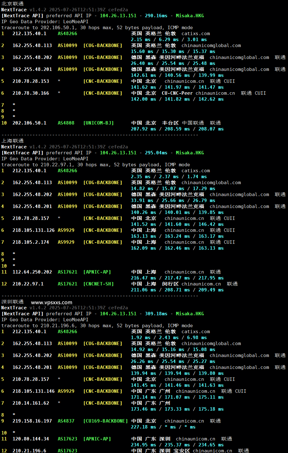 丽萨主机英国catixs VPS联通回程路由