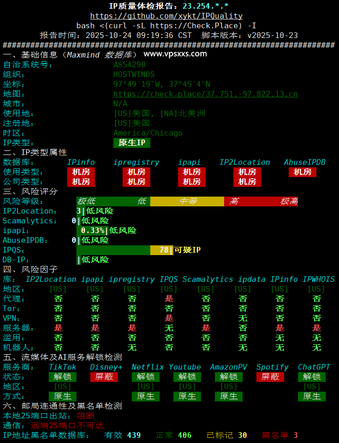 Hostwinds美国达拉斯VPS IP质量体检报告