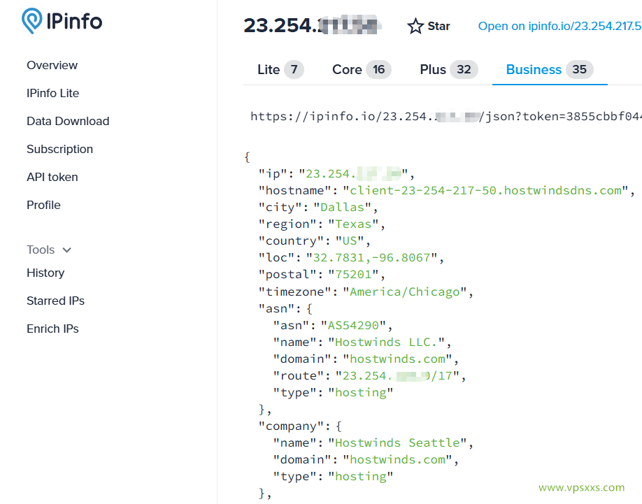 Hostwinds美国达拉斯VPS ipinfo.io是否住宅IP检测