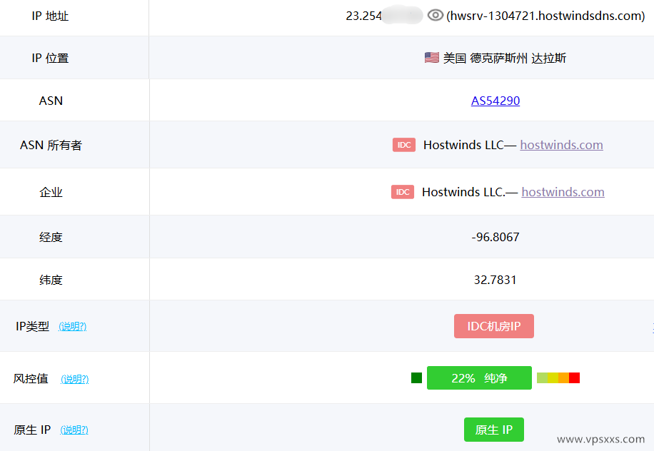 Hostwinds美国达拉斯VPS ping0.cc是否家庭IP检测