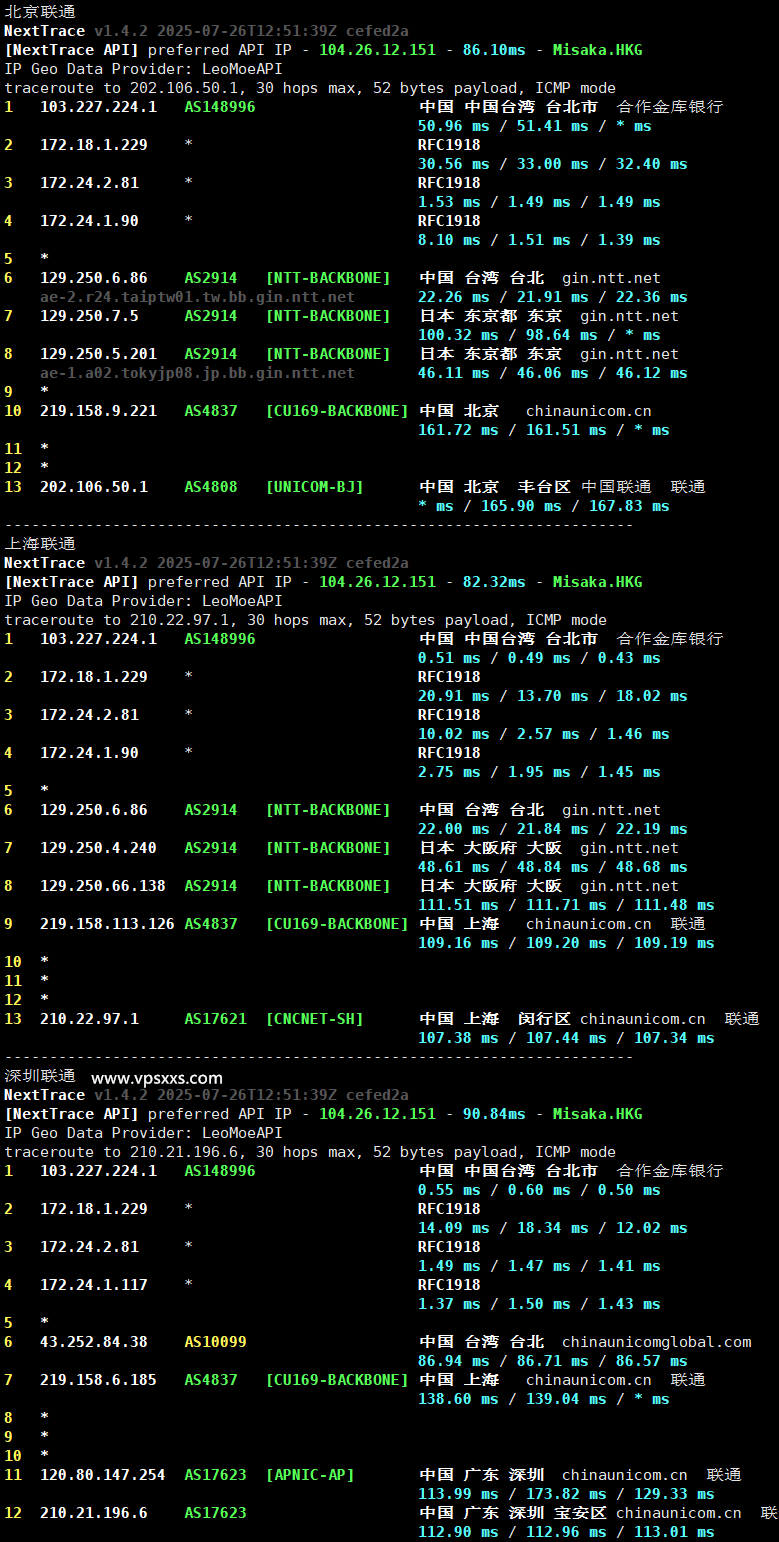 丽萨主机台湾VPS联通回程路由