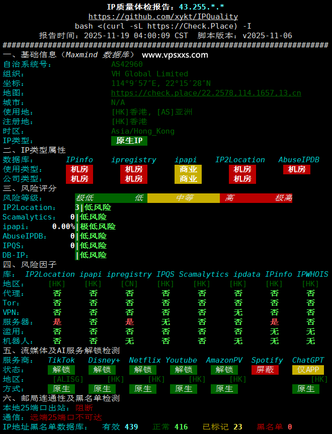 吉云香港CMI VPS IP质量体检报告