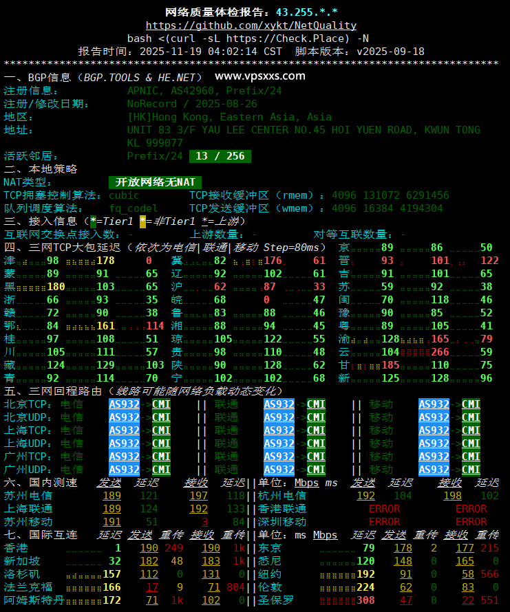 吉云香港CMI VPS网络质量体检报告