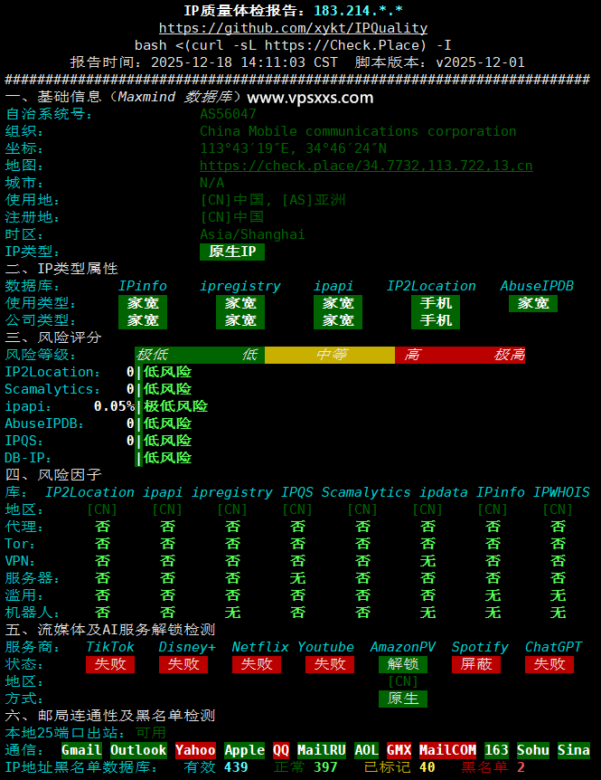 LOCVPS湖南移动VPS IP质量体检报告