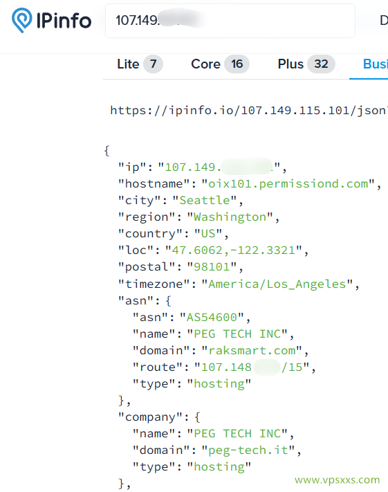 RAKsmart美国西雅图大陆优化VIP VPS ipinfo.io是否住宅IP检测