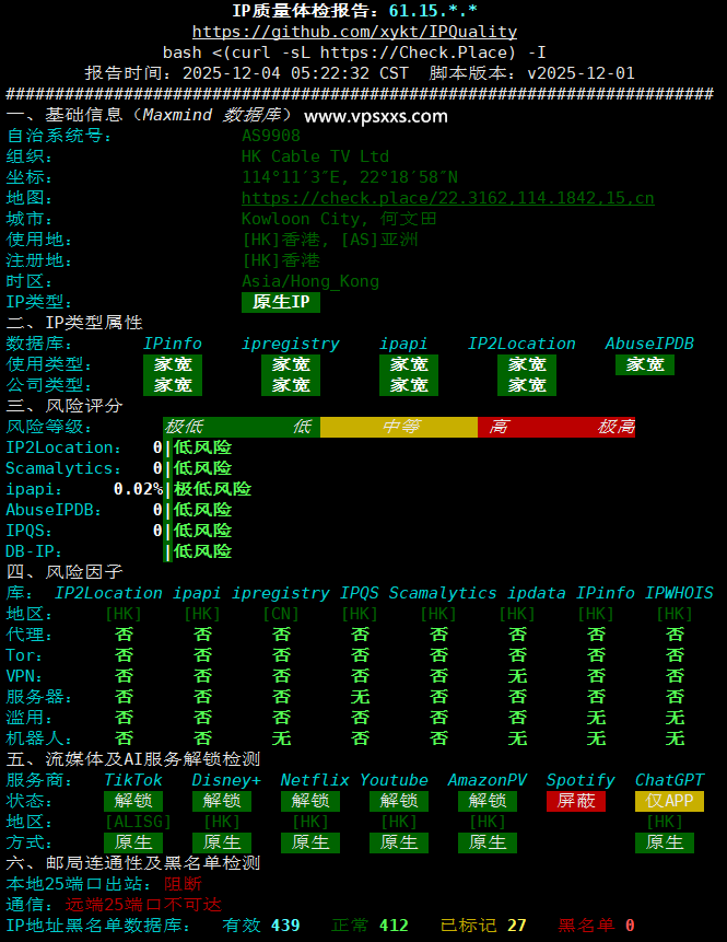 丽萨主机香港iCable住宅VPS IP质量体检报告