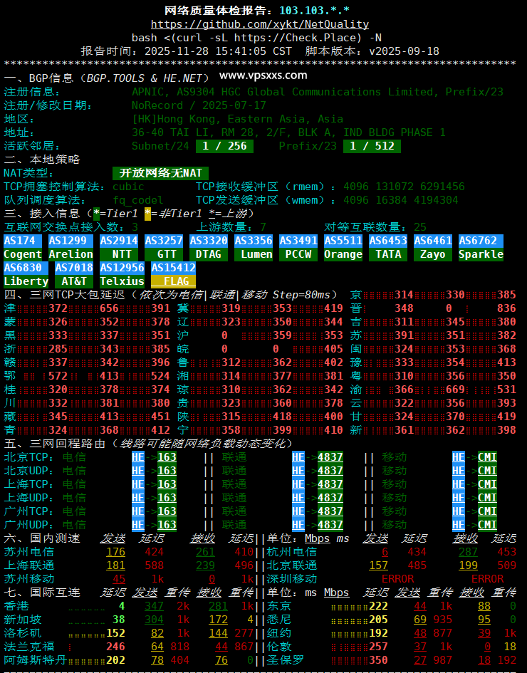 荫云香港HGC VPS网络质量体检报告