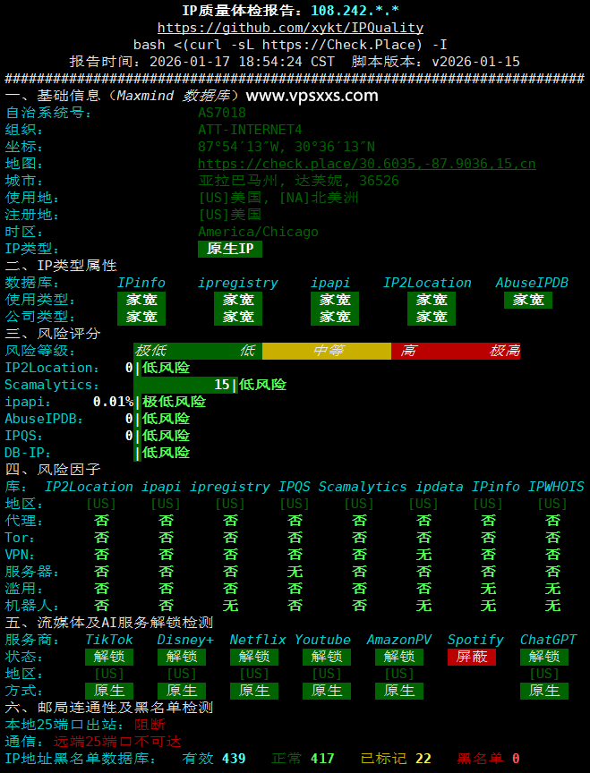 AaITR美国ATT静态家宽VPS IP质量体检报告