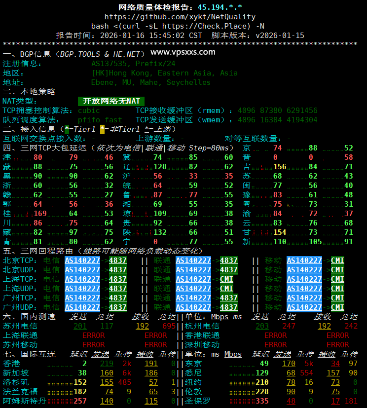 Jtti香港轻量云服务器网络质量体检报告