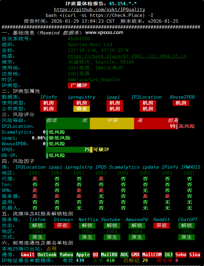 Tudcloud美国西雅图VPS IP质量体检报告