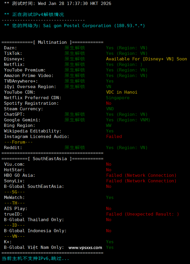 丽萨主机越南双ISP VPS流媒体解锁能力测试