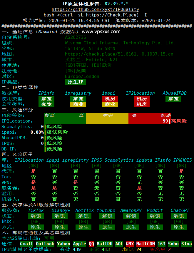 荫云英国双ISP VPS IP质量体检报告