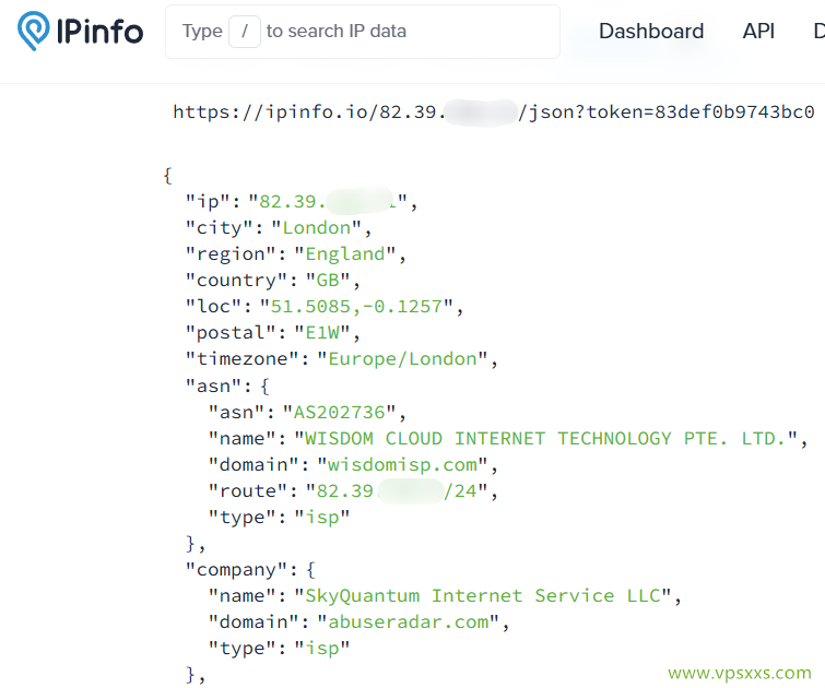 荫云英国双ISP VPS ipinfo.io是否住宅IP检测