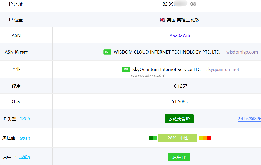 荫云英国双ISP VPS ping0.cc是否家庭IP检测