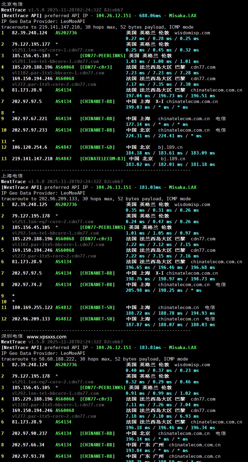 荫云英国双ISP VPS电信回程路由